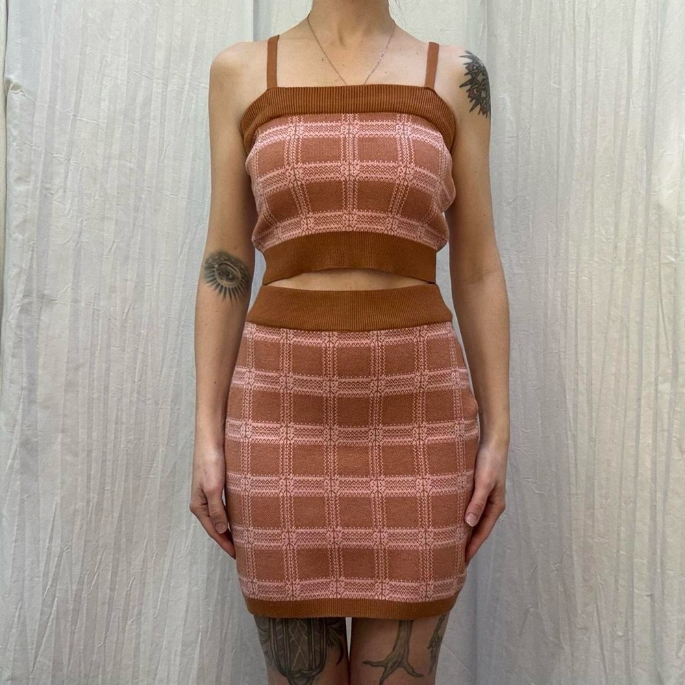 Pink and Tan Brown Plaid Tartan Knit Skirt Set- Cropped Tank Top‎ and Skirt